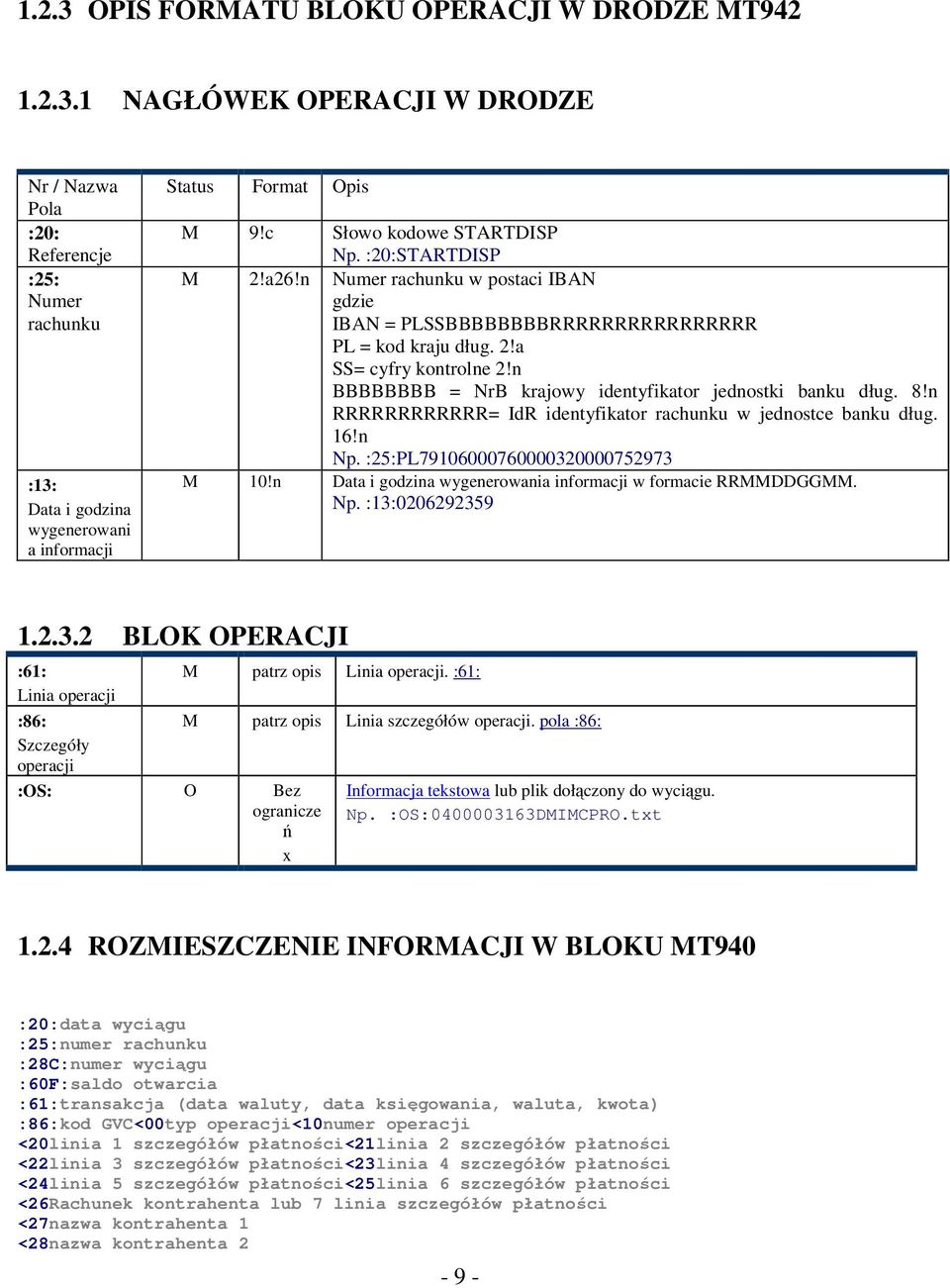 n BBBBBBBB = NrB krajowy identyfikator jednostki banku dług. 8!n RRRRRRRRRRRR= IdR identyfikator rachunku w jednostce banku dług. 16!n Np. :25:PL79106000760000320000752973 M 10!