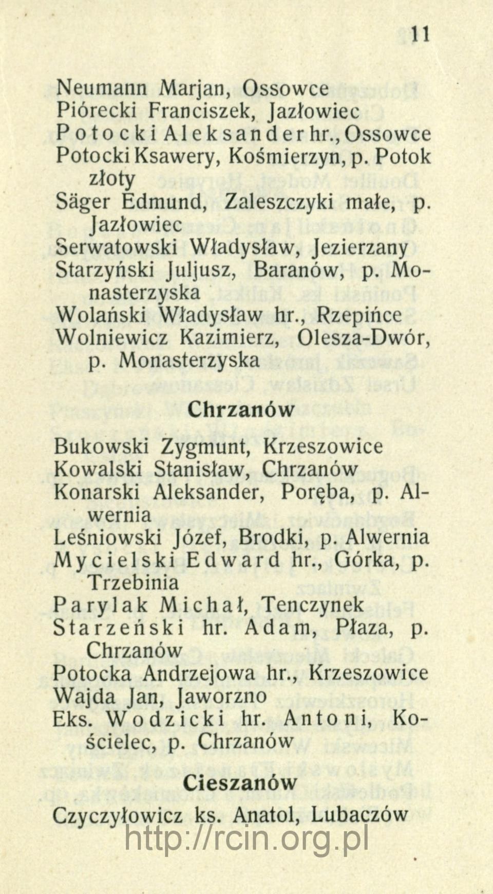 Monasterzyska Chrzanów Bukowski Zygmunt, Krzeszowice Kowalski Stanisław, Chrzanów Konarski Aleksander, Poręba, p. Alwernia Leśniowski Józef, Bródki, p. Alwernia Mycielski Edward hr.