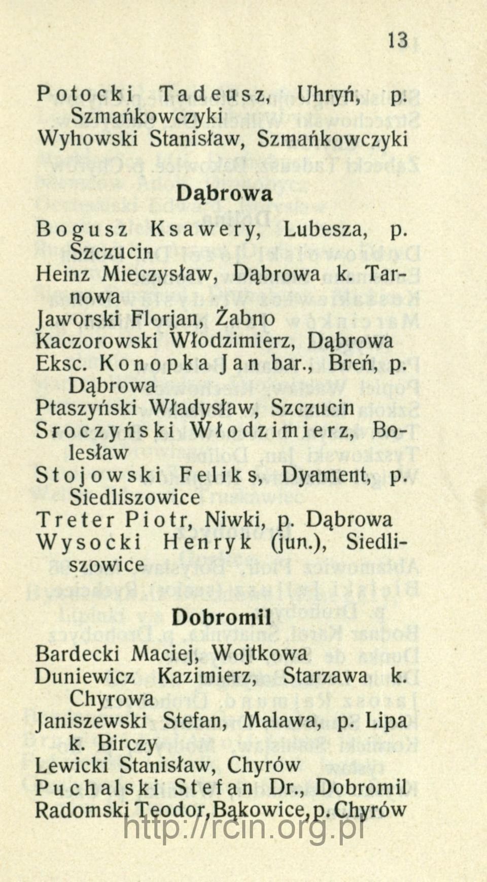 Dąbrowa Ptaszyński Władysław, Szczucin Sroczyński Włodzimierz, Bolesław Stojowski Feliks, Dyament, p. Siedliszowice Treter Piotr, Niwki, p.