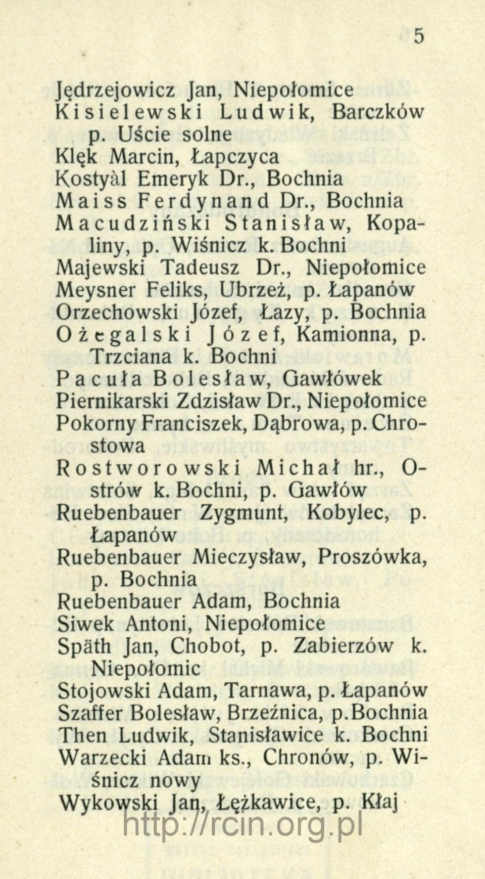 Bochni Pacuła Bolesław, Gawłówek Piernikarski Zdzisław Dr., Niepołomice Pokorny Franciszek, Dąbrowa, p. Chrostowa Rostworowski Michał hr., 0- strów k. Bochni, p.