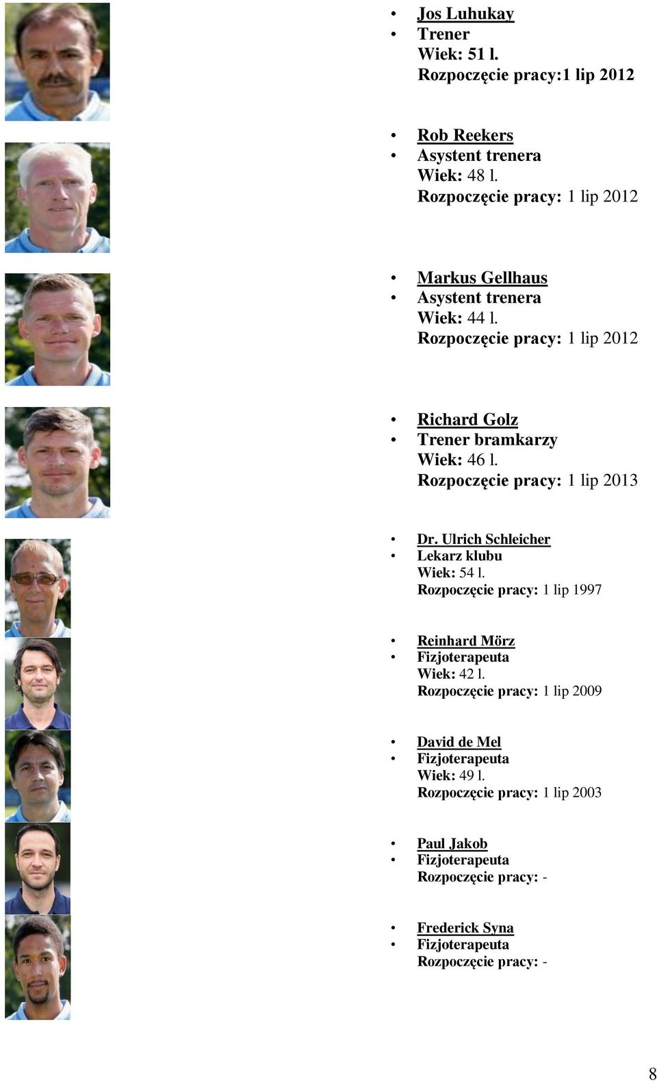 Rozpoczęcie pracy: 1 lip 2013 Dr. Ulrich Schleicher Lekarz klubu Wiek: 54 l. Rozpoczęcie pracy: 1 lip 1997 Reinhard Mörz Fizjoterapeuta Wiek: 42 l.