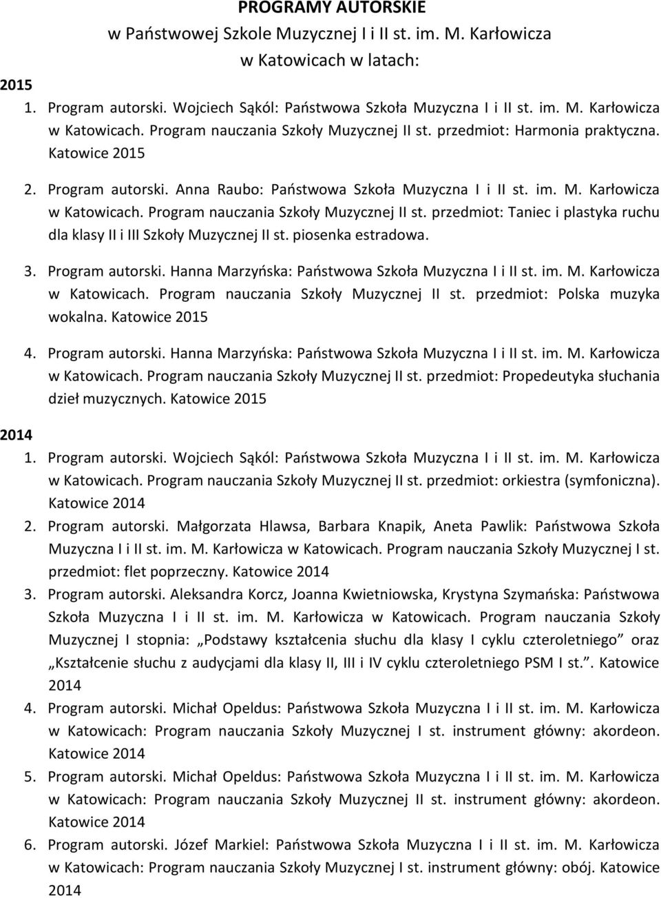 przedmiot: Taniec i plastyka ruchu dla klasy II i III Szkoły Muzycznej II st. piosenka estradowa. 3. Program autorski. Hanna Marzyńska: Państwowa Szkoła Muzyczna I i II st. im. M. Karłowicza w Katowicach.