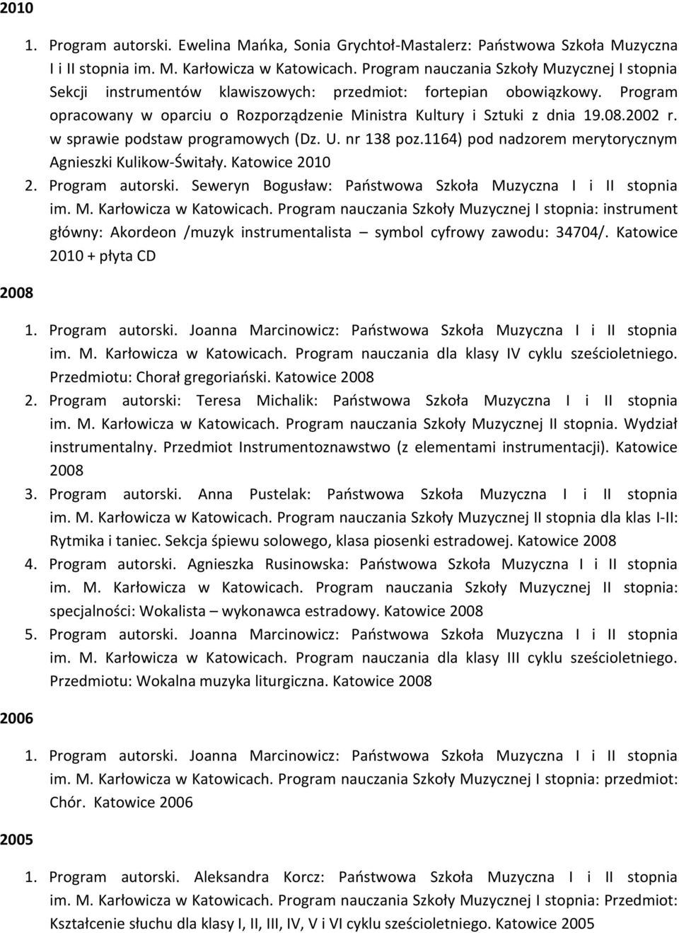 2002 r. w sprawie podstaw programowych (Dz. U. nr 138 poz.1164) pod nadzorem merytorycznym Agnieszki Kulikow-Świtały. Katowice 2010 2. Program autorski.