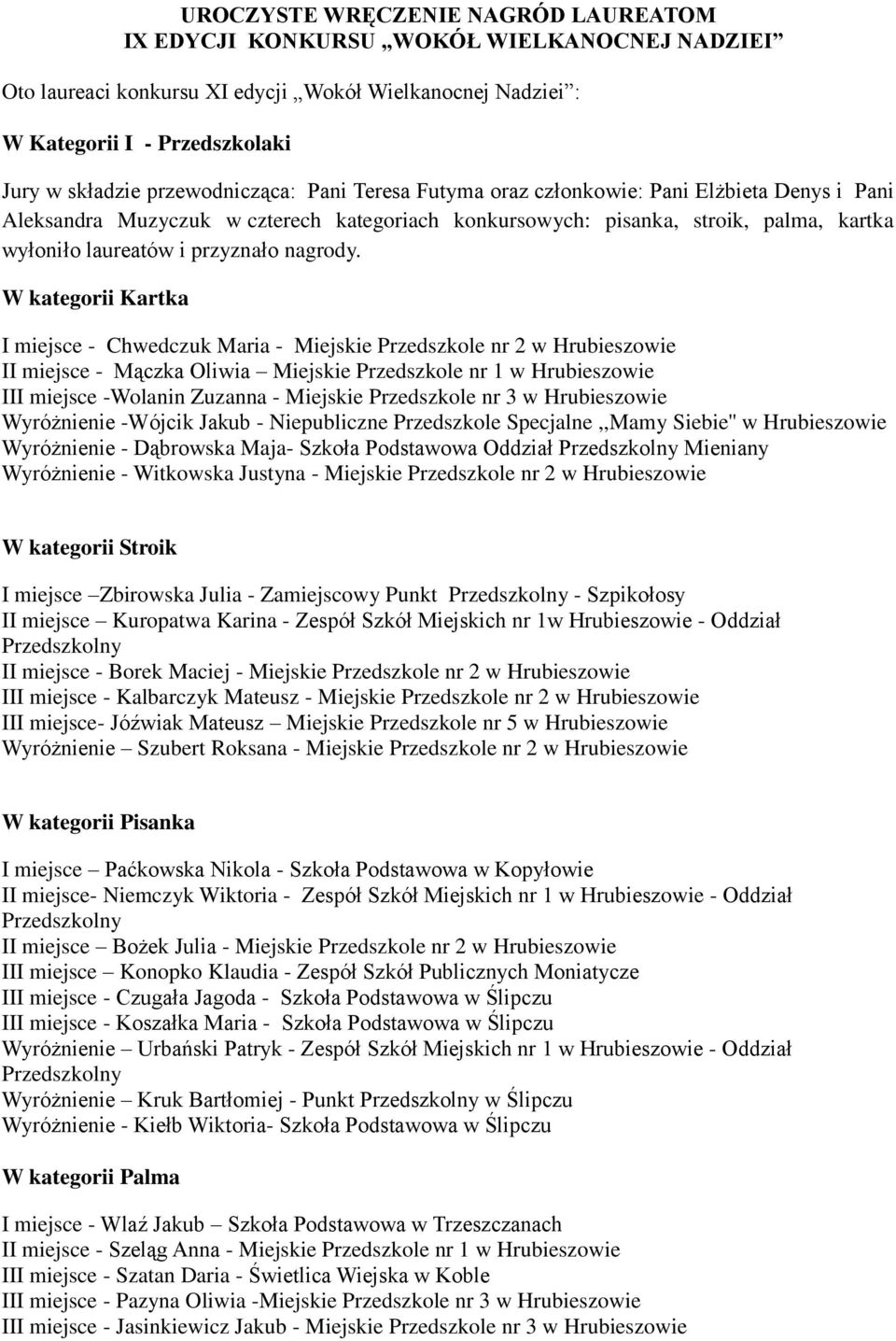 Miejskie Przedszkole nr 2 II miejsce - Mączka Oliwia Miejskie Przedszkole nr 1 III miejsce -Wolanin Zuzanna - Miejskie Przedszkole nr 3 Wyróżnienie -Wójcik Jakub - Niepubliczne Przedszkole