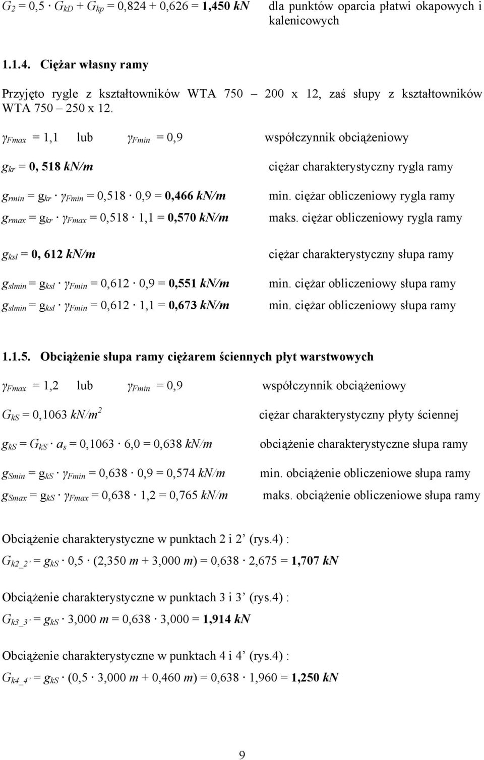 ciężar charakterystyczny rygla ramy min. ciężar obliczeniowy rygla ramy maks. ciężar obliczeniowy rygla ramy ciężar charakterystyczny słupa ramy min. ciężar obliczeniowy słupa ramy min.