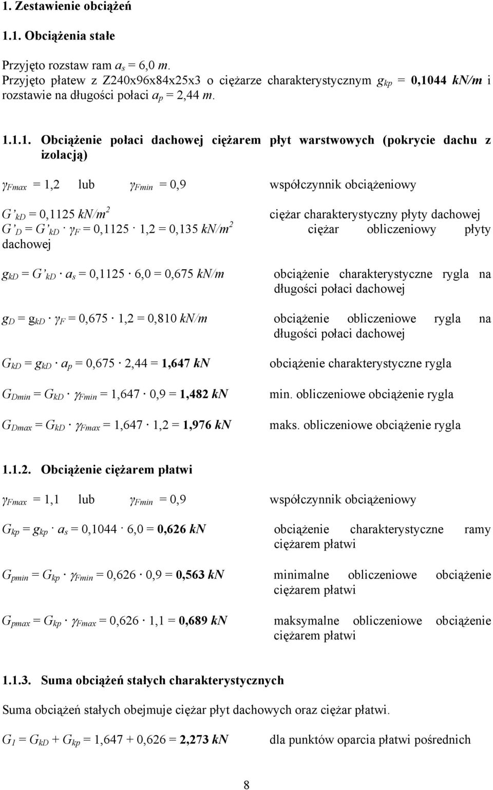 5 k/m ciężar obliczeniowy płyty dachowej g kd G kd a s 5 6, 675 k/m obciążenie charakterystyczne rygla na długości połaci dachowej g D g kd γ F 675, 8 k/m obciążenie obliczeniowe rygla na długości