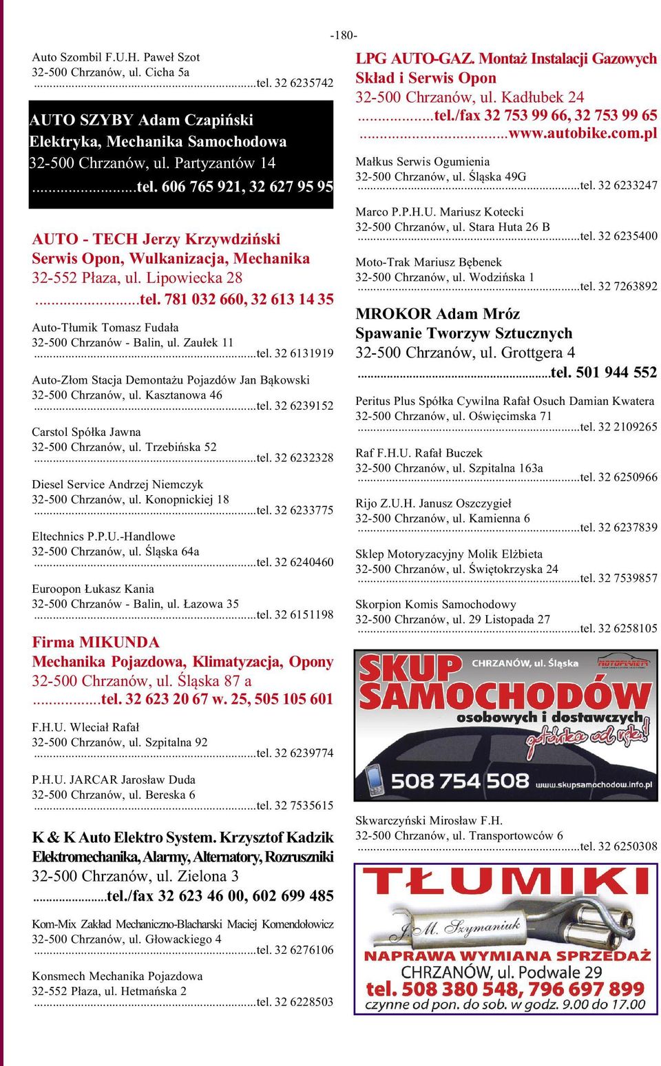 Kasztanowa 46...tel. 32 6239152 Carstol Spółka Jawna 32-500 Chrzanów, ul. Trzebińska 52...tel. 32 6232328 Diesel Service Andrzej Niemczyk 32-500 Chrzanów, ul. Konopnickiej 18...tel. 32 6233775 Eltechnics P.