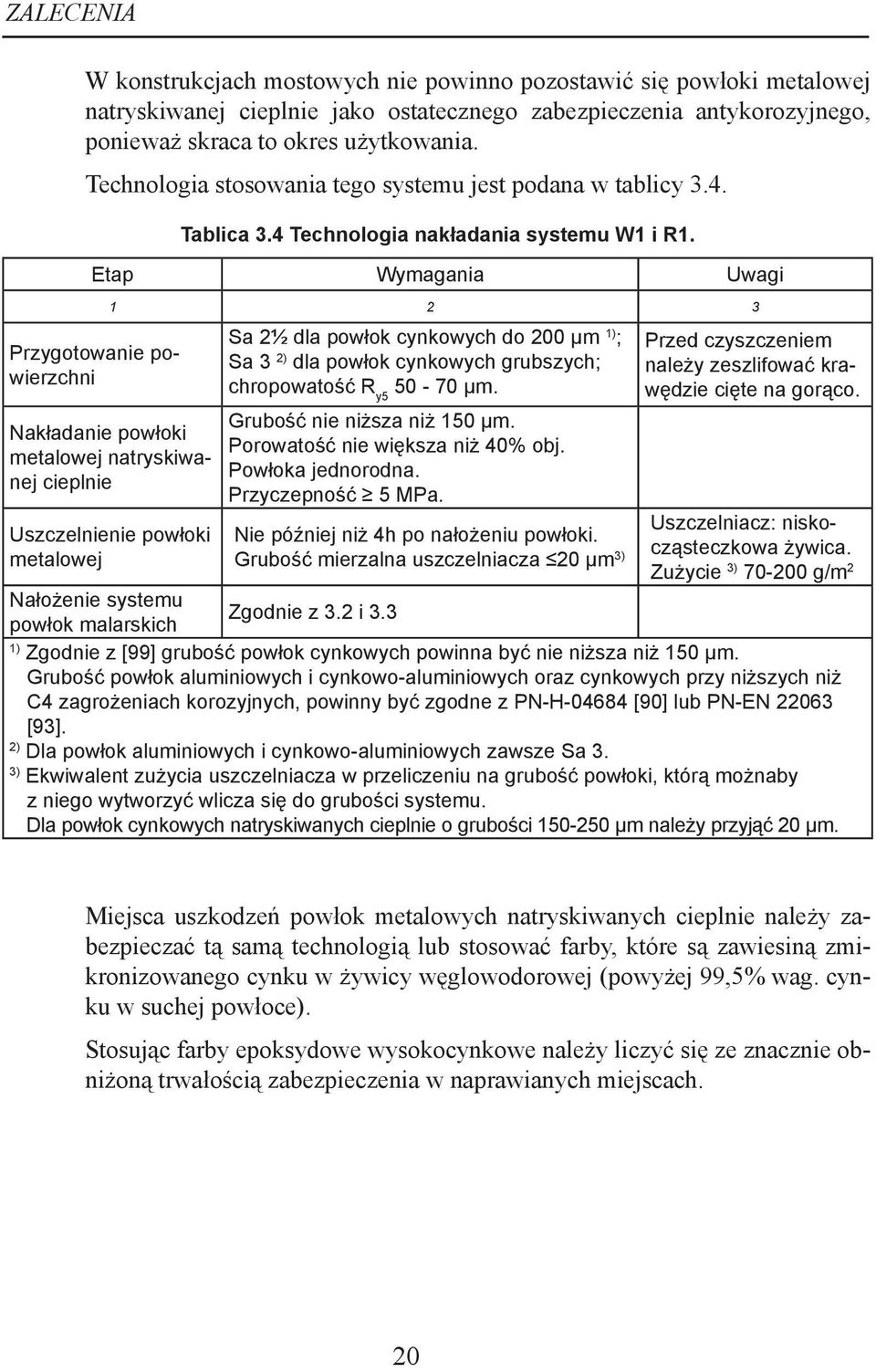 Etap Wymagania Uwagi Przygotowanie powierzchni 1 2 3 Nakładanie powłoki metalowej natryskiwanej cieplnie Uszczelnienie powłoki metalowej Sa 2½ dla powłok cynkowych do 200 µm 1) ; Sa 3 2) dla powłok