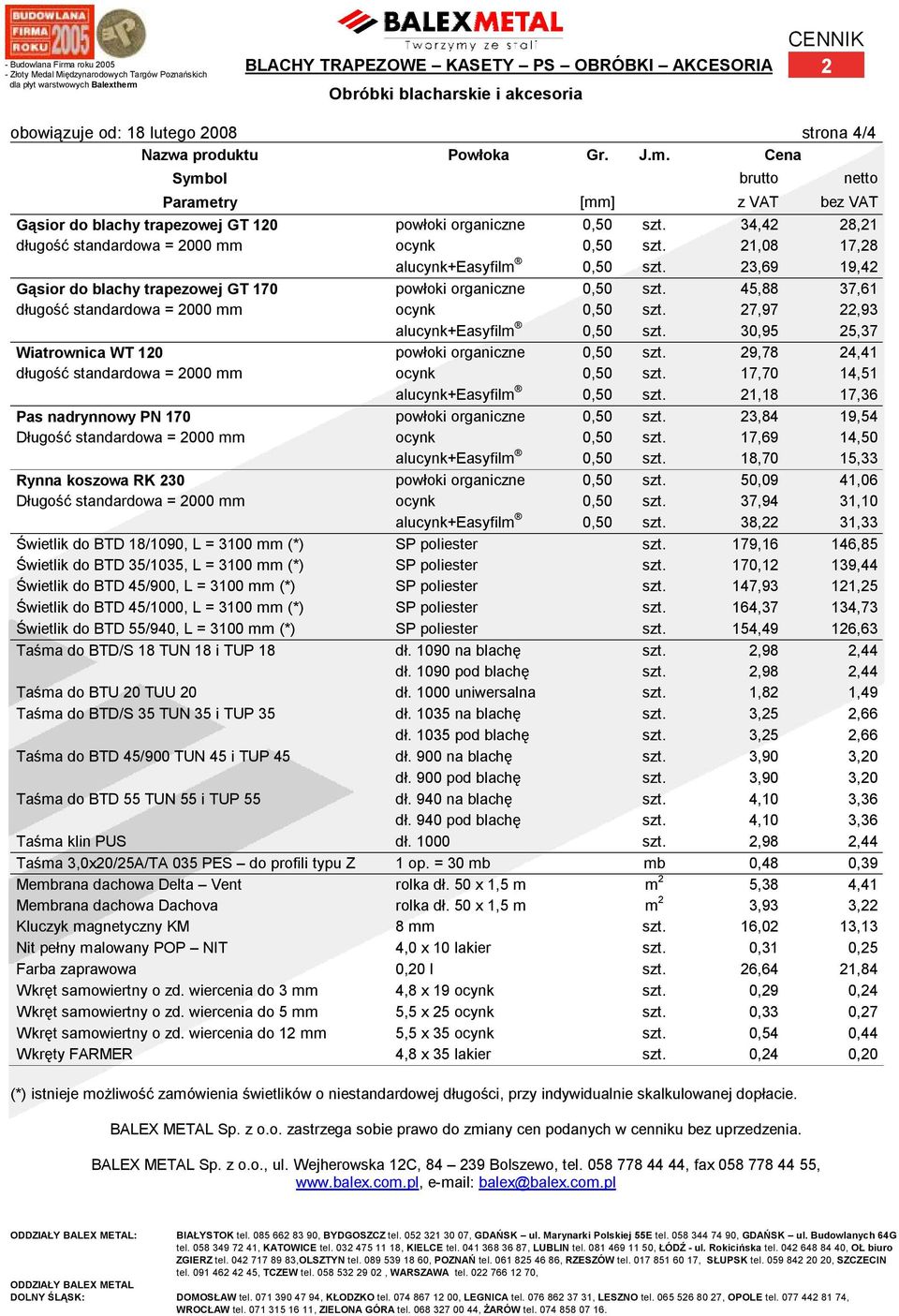21,08 17,28 alucynk+easyfilm 0,50 szt. 23,69 19,42 Gąsior do blachy trapezowej GT 170 powłoki organiczne 0,50 szt. 45,88 37,61 długość standardowa = 2000 mm ocynk 0,50 szt.