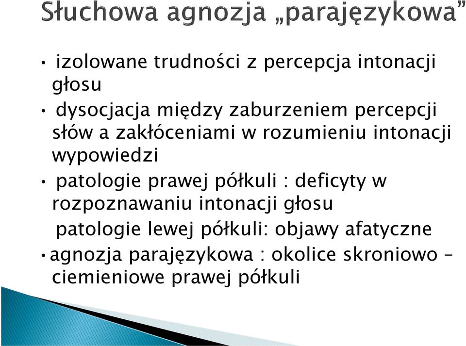 prawej półkuli : deficyty w rozpoznawaniu intonacji głosu patologie lewej