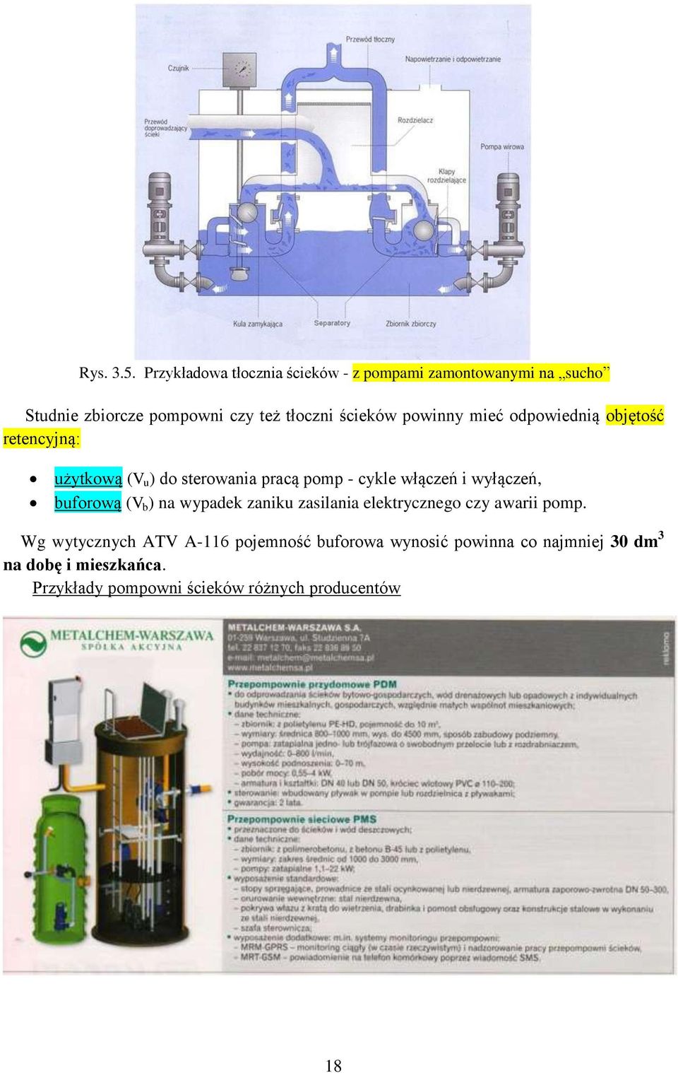 powinny mieć odpowiednią objętość retencyjną: użytkową (V u ) do sterowania pracą pomp - cykle włączeń i wyłączeń,