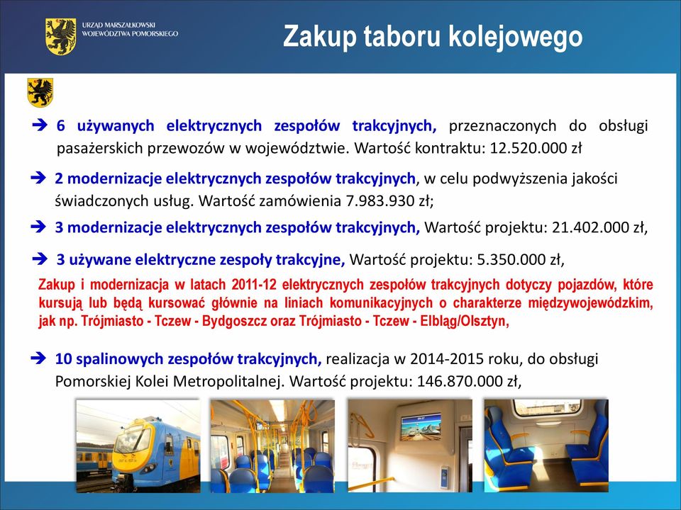 930 zł; 3 modernizacje elektrycznych zespołów trakcyjnych, Wartość projektu: 21.402.000 zł, 3 używane elektryczne zespoły trakcyjne, Wartość projektu: 5.350.