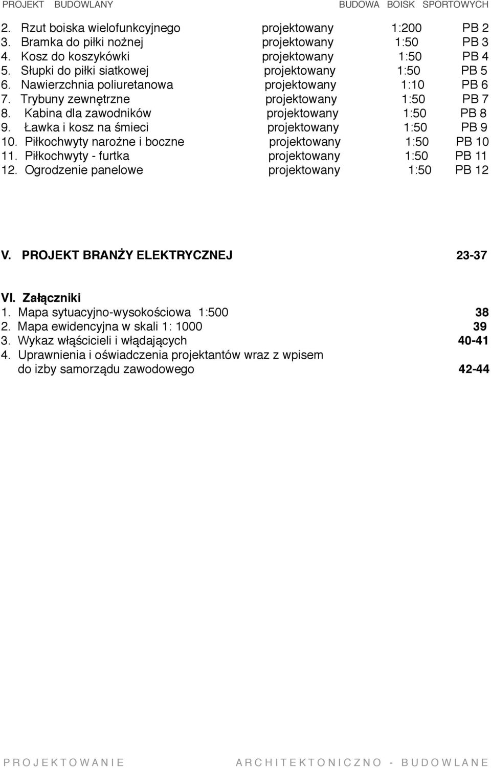 Ławka i kosz na śmieci projektowany 1:50 PB 9 10. Piłkochwyty narożne i boczne projektowany 1:50 PB 10 11. Piłkochwyty - furtka projektowany 1:50 PB 11 12.