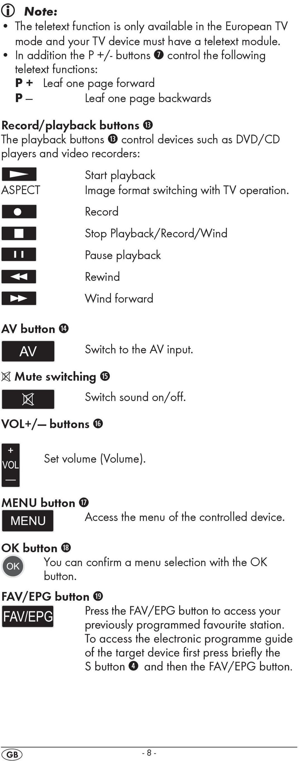 DVD/CD players and video recorders: ASPECT Start playback Image format switching with TV operation.