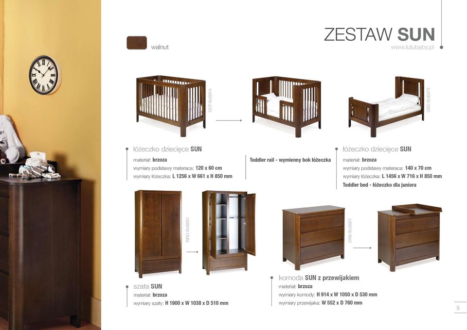 materaca: 140 x 70 cm wymiary łóżeczka: L 1456 x W 716 x H 850 mm Toddler bed - łóżeczko dla juniora szafa SUN wymiary szafy: