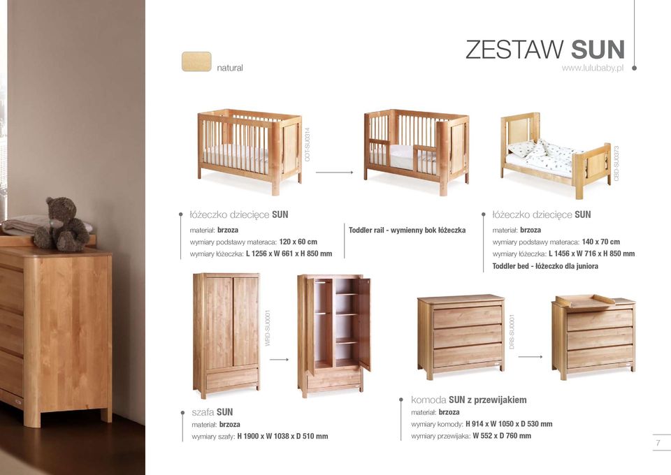 L 1456 x W 716 x H 850 mm Toddler bed - łóżeczko dla juniora WRD-SU0001 DRS-SU0001 COT-SU0314 szafa SUN wymiary szafy: H 1900