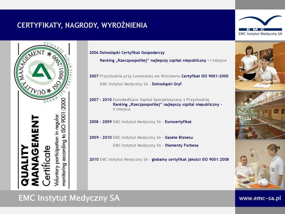 Ranking Rzeczpospolitej najlepszy szpital niepubliczny II miejsce 2008-2009 EMC Instytut Medyczny SA Eurocertyfikat 2009 2010 EMC Instytut Medyczny SA Gazele