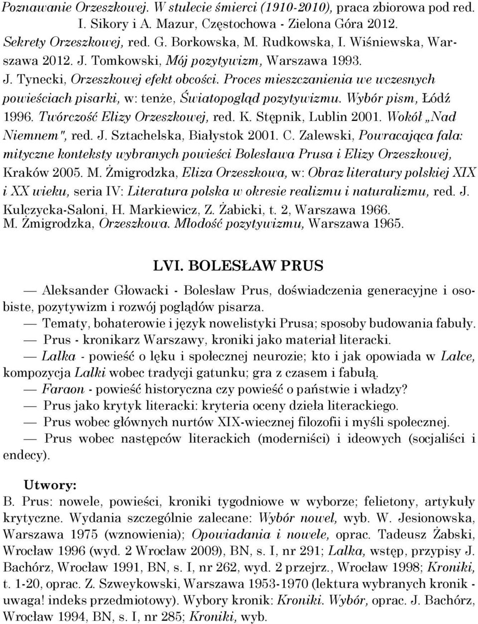 Proces mieszczanienia we wczesnych powieściach pisarki, w: tenże, Światopogląd pozytywizmu. Wybór pism, Łódź 1996. Twórczość Elizy Orzeszkowej, red. K. Stępnik, Lublin 2001. Wokół Nad Niemnem", red.