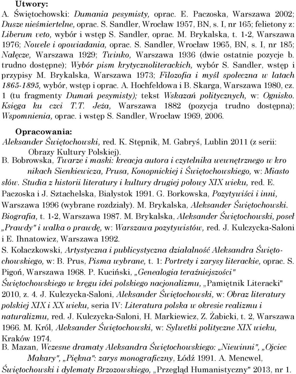 trudno dostępne); Wybór pism krytycznoliterackich, wybór S. Sandler, wstęp i przypisy M. Brykalska, Warszawa 1973; Filozofia i myśl społeczna w latach 1865-1895, wybór, wstęp i oprac. A.
