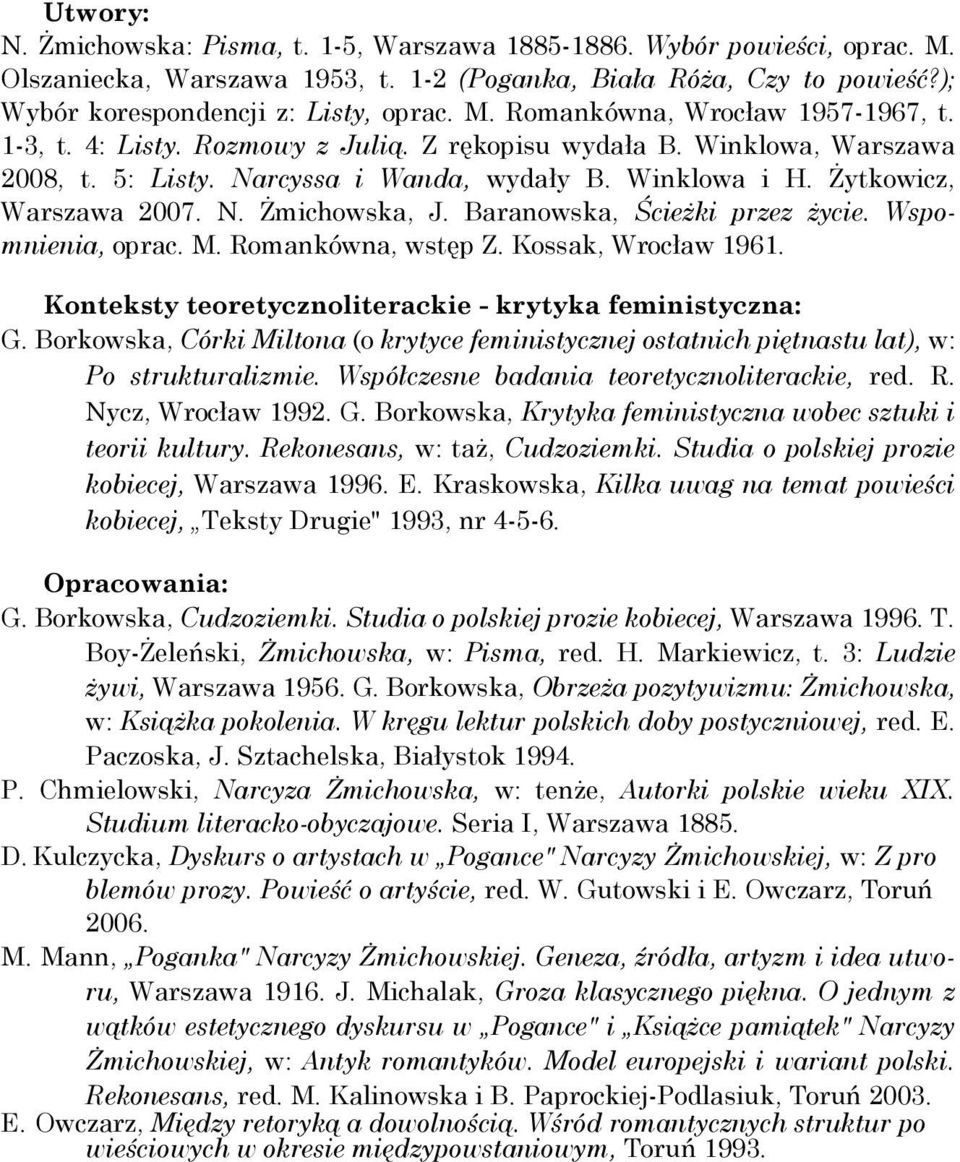 Baranowska, Ścieżki przez życie. Wspomnienia, oprac. M. Romankówna, wstęp Z. Kossak, Wrocław 1961. Konteksty teoretycznoliterackie - krytyka feministyczna: G.