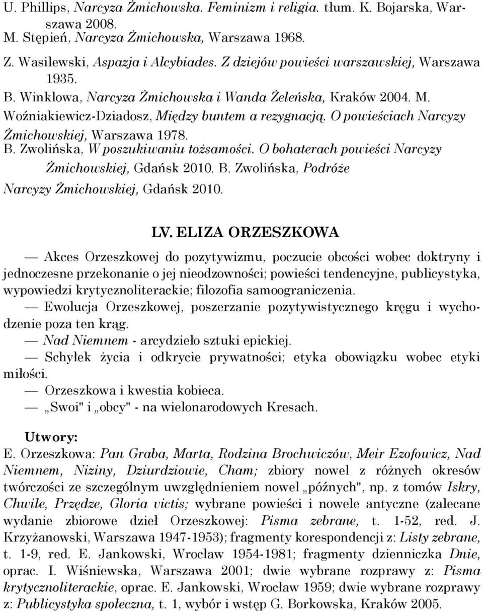 O powieściach Narcyzy Żmichowskiej, Warszawa 1978. B. Zwolińska, W poszukiwaniu tożsamości. O bohaterach powieści Narcyzy Żmichowskiej, Gdańsk 2010. B. Zwolińska, Podróże Narcyzy Żmichowskiej, Gdańsk 2010.