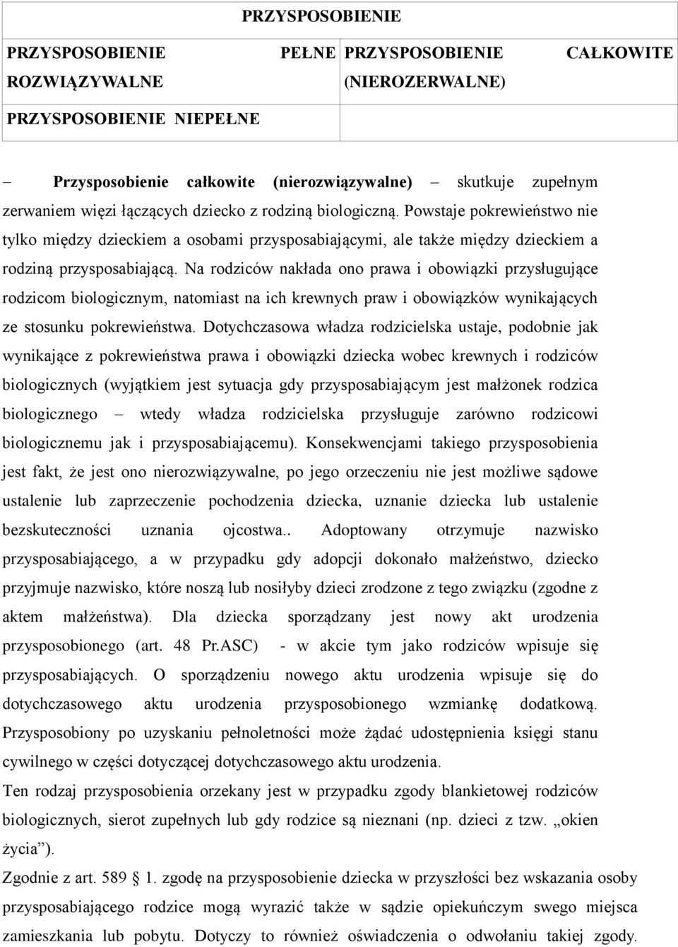Na rodziców nakłada ono prawa i obowiązki przysługujące rodzicom biologicznym, natomiast na ich krewnych praw i obowiązków wynikających ze stosunku pokrewieństwa.