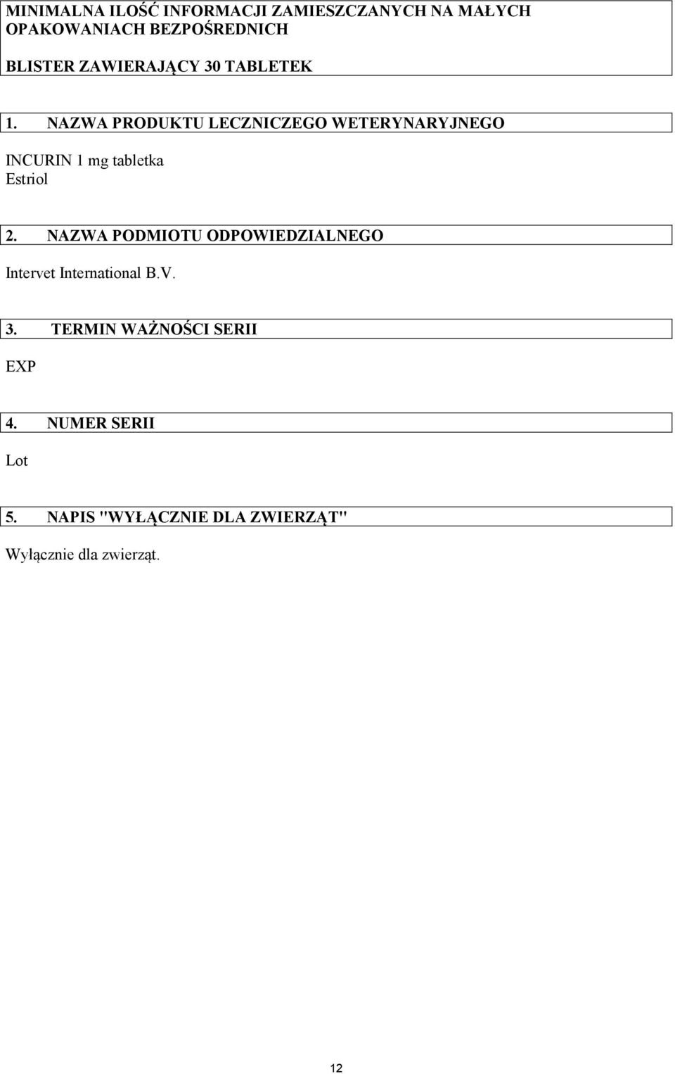 NAZWA PRODUKTU LECZNICZEGO WETERYNARYJNEGO INCURIN 1 mg tabletka Estriol 2.