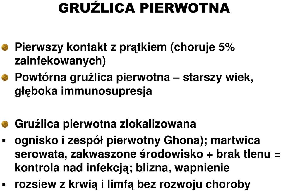 zlokalizowana ognisko i zespół pierwotny Ghona); martwica serowata, zakwaszone