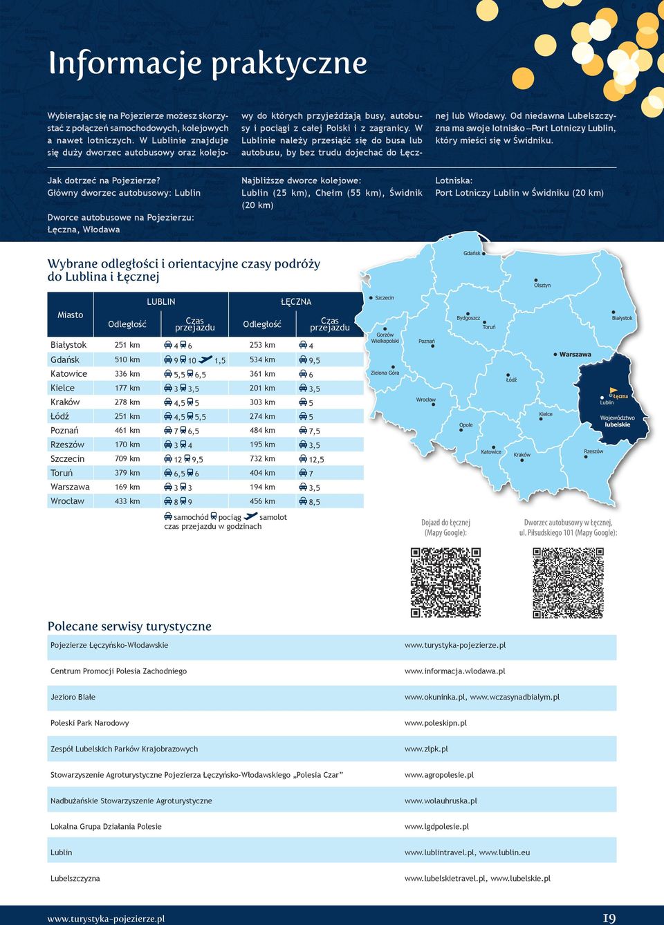 W Lublinie należy przesiąść się do busa lub autobusu, by bez trudu dojechać do Łęcznej lub Włodawy. Od niedawna Lubelszczyzna ma swoje lotnisko Port Lotniczy Lublin, który mieści się w Świdniku.
