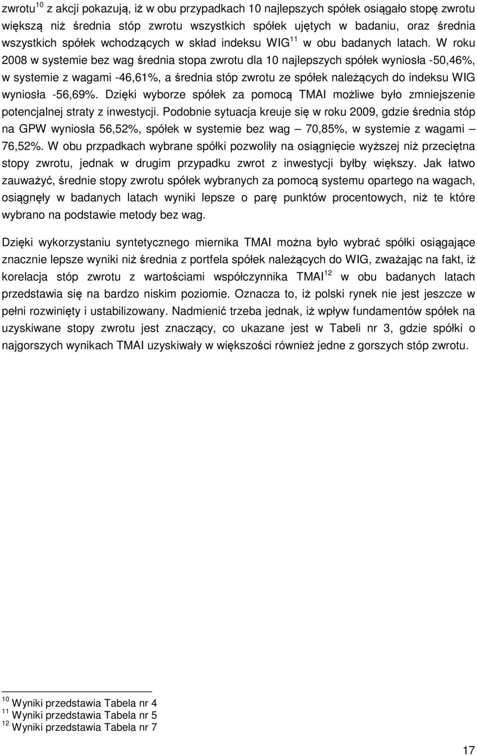 W roku 2008 w systemie bez wag średnia stopa zwrotu dla 10 najlepszych spółek wyniosła -50,46%, w systemie z wagami -46,61%, a średnia stóp zwrotu ze spółek należących do indeksu WIG wyniosła -56,69%.