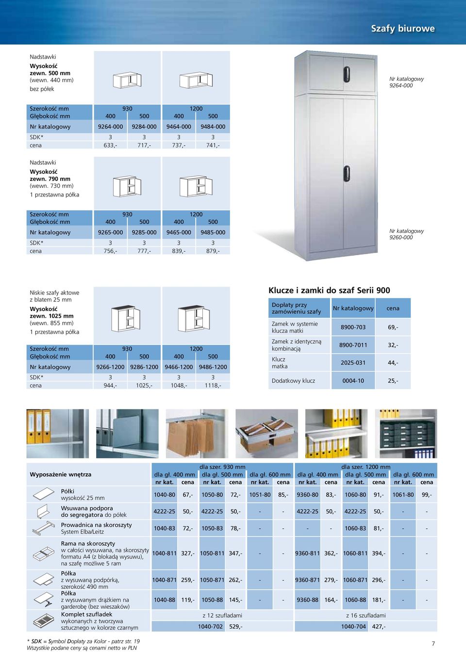 730 mm) 1 przestawna półka Szerokość mm 930 1200 Głębokość mm 400 500 400 500 9265-000 9285-000 9465-000 9485-000 SDK* 3 3 3 3 cena 756,- 777,- 839,- 879,- 9260-000 Niskie szafy aktowe z blatem 25 mm