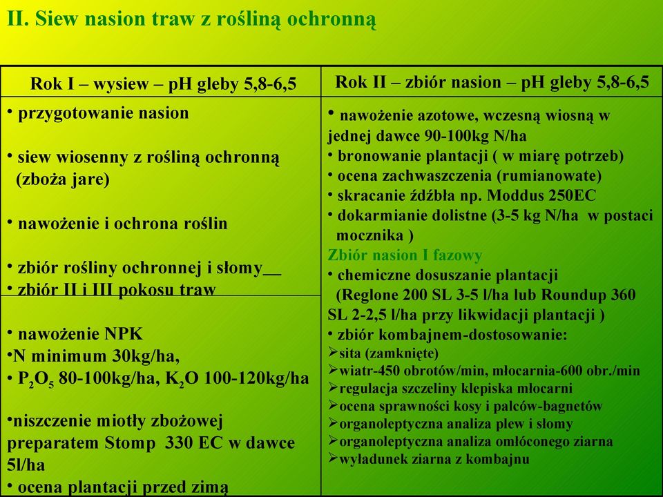 zbiór nasion ph gleby 5,8-6,5 nawożenie azotowe, wczesną wiosną w jednej dawce 90-100kg N/ha bronowanie plantacji ( w miarę potrzeb) ocena zachwaszczenia (rumianowate) skracanie źdźbła np.