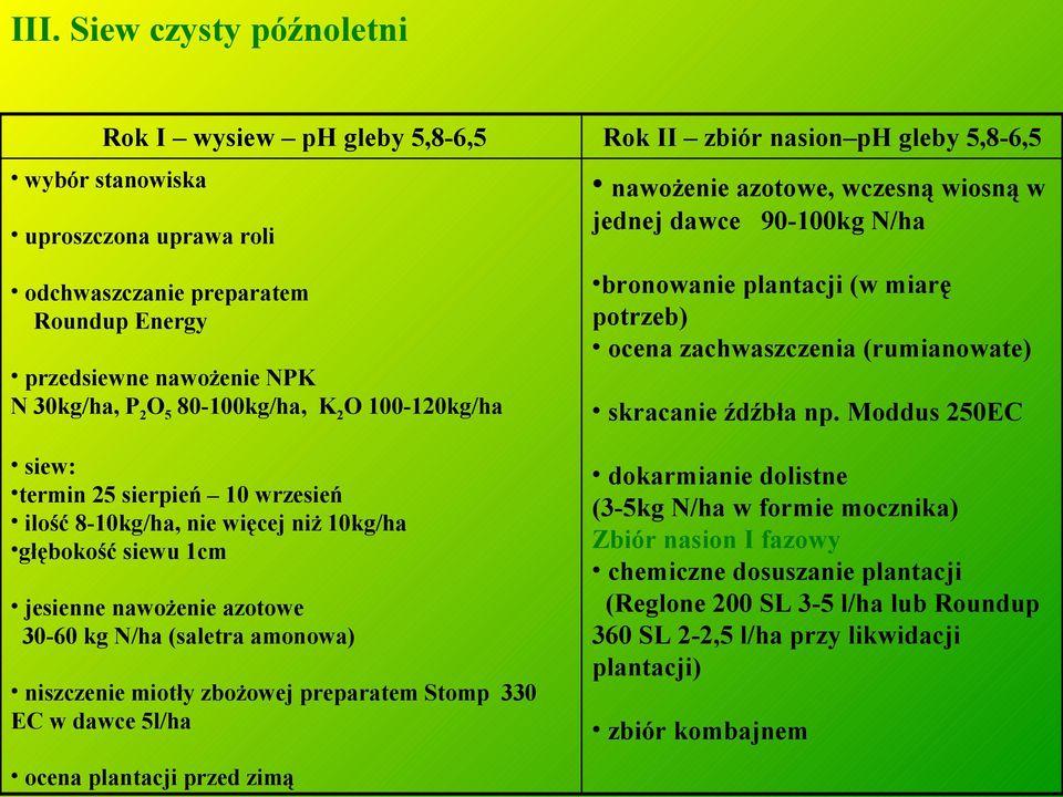 preparatem Stomp 330 EC w dawce 5l/ha Rok II zbiór nasion ph gleby 5,8-6,5 nawożenie azotowe, wczesną wiosną w jednej dawce 90-100kg N/ha bronowanie plantacji (w miarę potrzeb) ocena zachwaszczenia