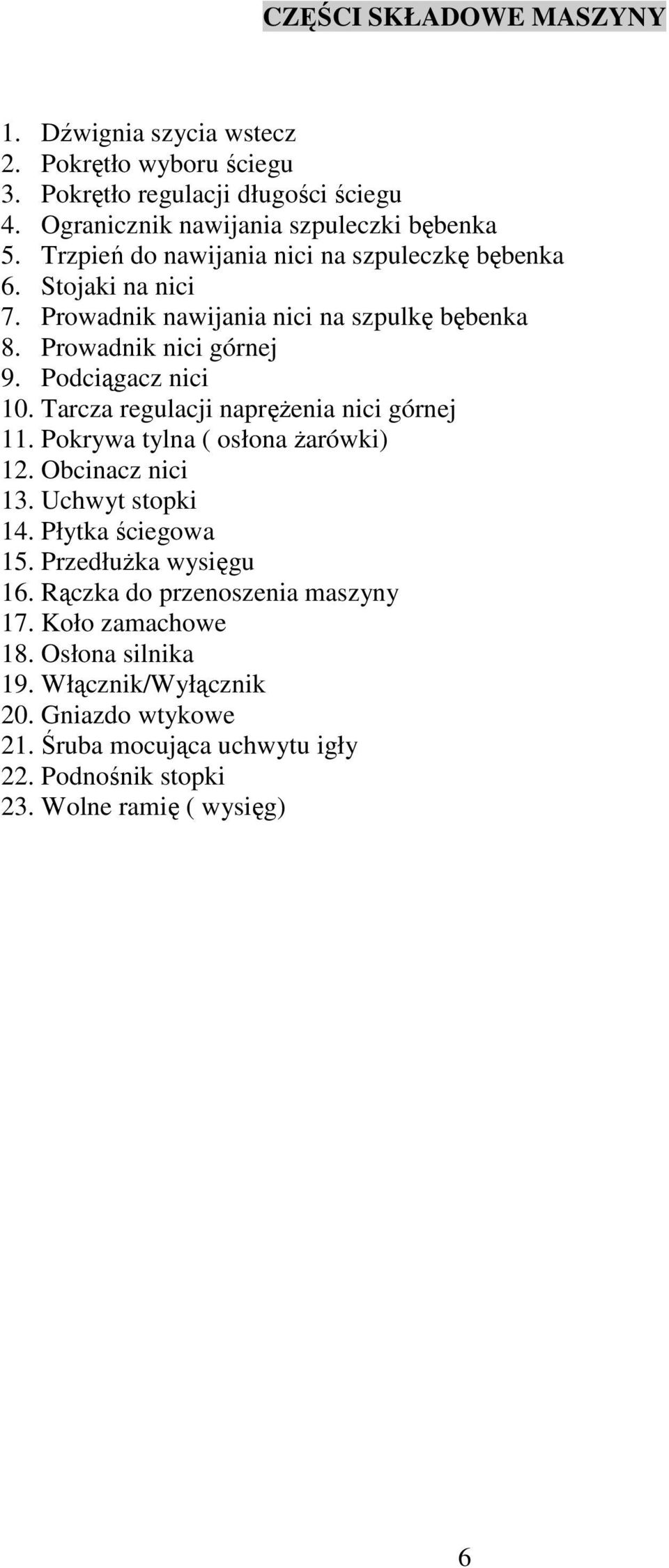 Tarcza regulacji naprężenia nici górnej 11. Pokrywa tylna ( osłona żarówki) 12. Obcinacz nici 13. Uchwyt stopki 14. Płytka ściegowa 15. Przedłużka wysięgu 16.