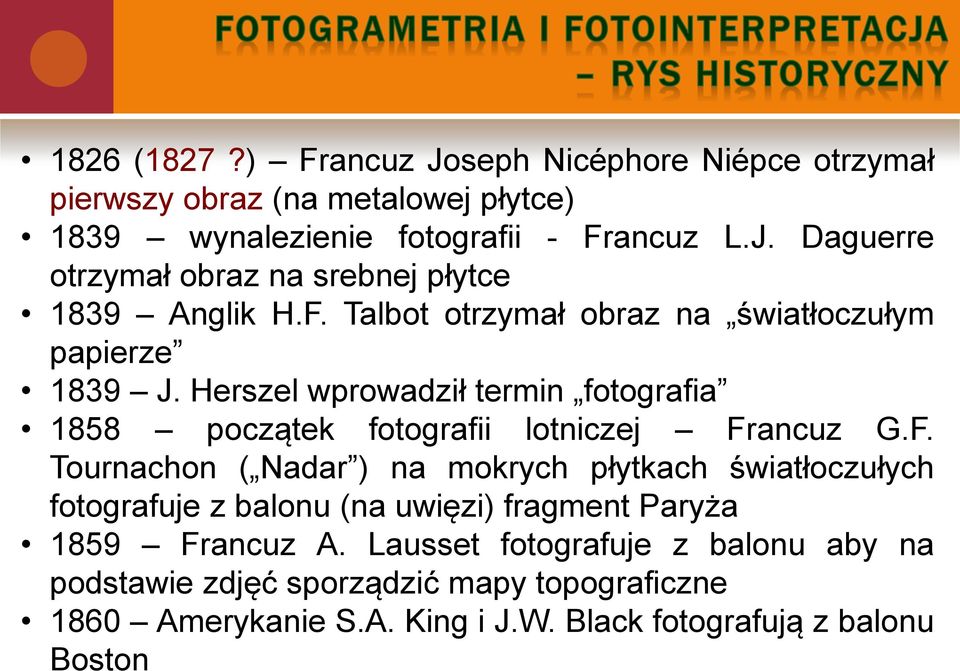 Lausset fotografuje z balonu aby na podstawie zdjęć sporządzić mapy topograficzne 1860 Amerykanie S.A. King i J.W. Black fotografują z balonu Boston