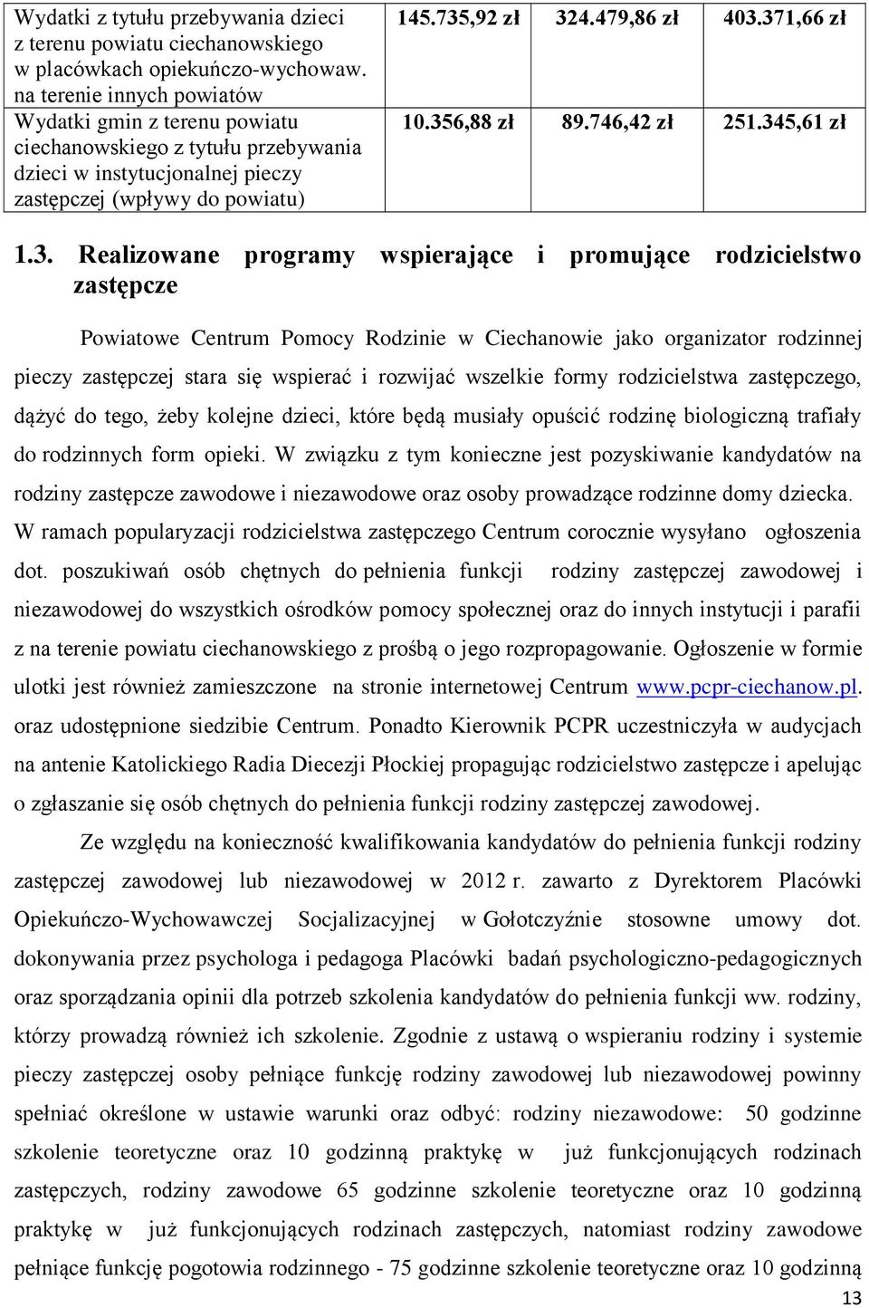 371,66 zł 10.356,88 zł 89.746,42 zł 251.345,61 zł 1.3. Realizowane programy wspierające i promujące rodzicielstwo zastępcze Powiatowe Centrum Pomocy Rodzinie w Ciechanowie jako organizator rodzinnej