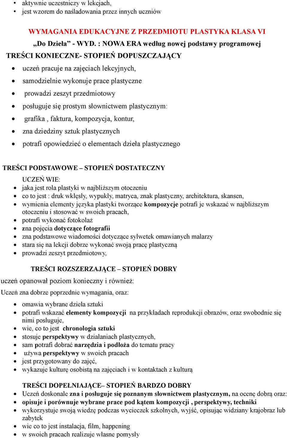 posługuje się prostym słownictwem plastycznym: grafika, faktura, kompozycja, kontur, zna dziedziny sztuk plastycznych potrafi opowiedzieć o elementach dzieła plastycznego TREŚCI PODSTAWOWE STOPIEŃ