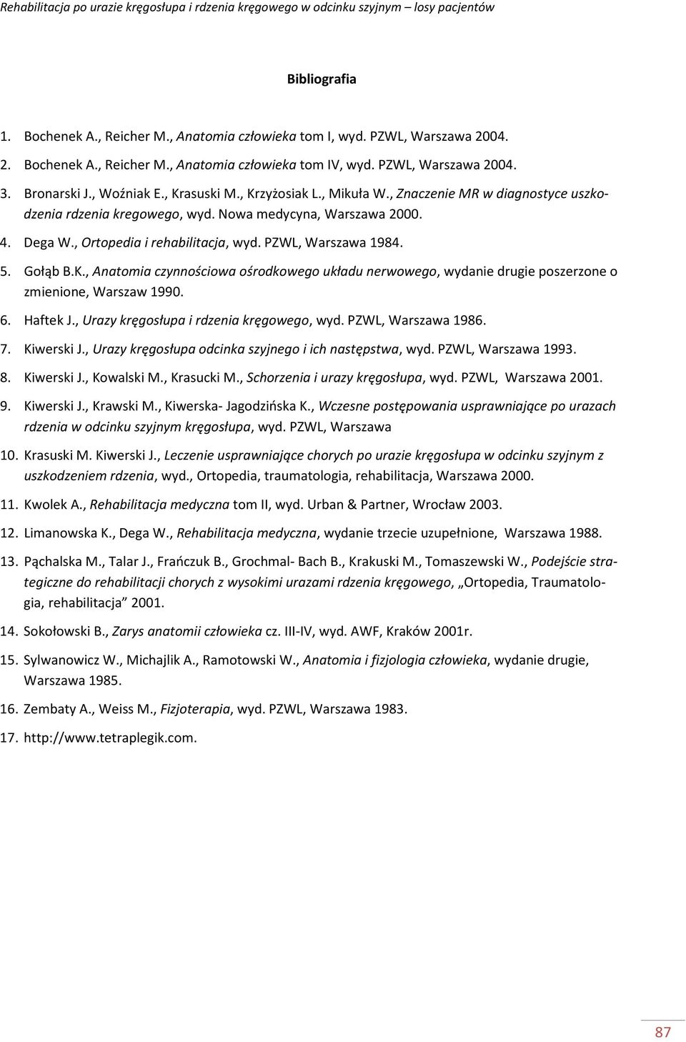 Gołąb B.K., Anatomia czynnościowa ośrodkowego układu nerwowego, wydanie drugie poszerzone o zmienione, Warszaw 990. 6. Haftek J., Urazy kręgosłupa i rdzenia kręgowego, wyd. PZWL, Warszawa 986. 7.