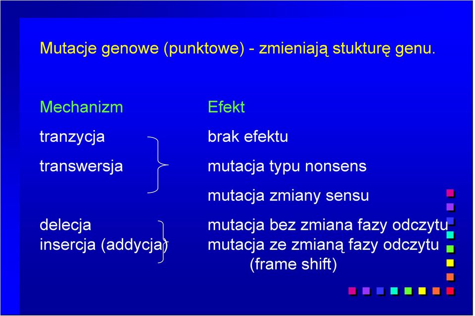 typu nonsens mutacja zmiany sensu delecja insercja (addycja)