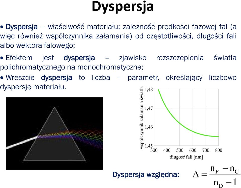 dyspersja zjawisko rozszczepienia światła polichromatycznego na monochromatyczne; Wreszcie