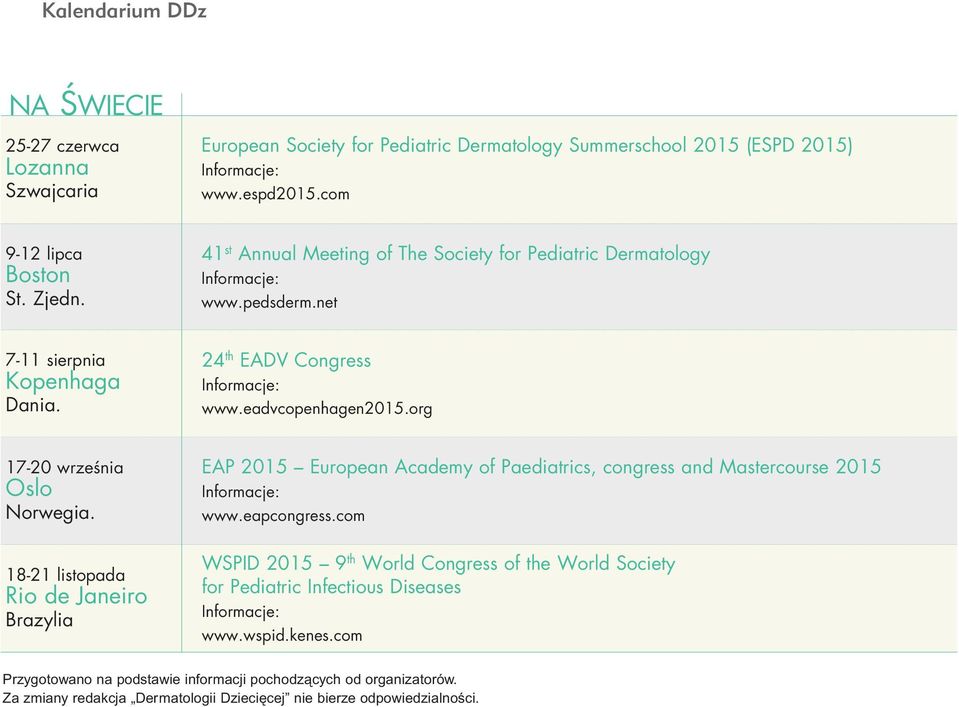 18-21 listopada Rio de Janeiro Brazylia EAP 2015 European Academy of Paediatrics, congress and Mastercourse 2015 www.eapcongress.