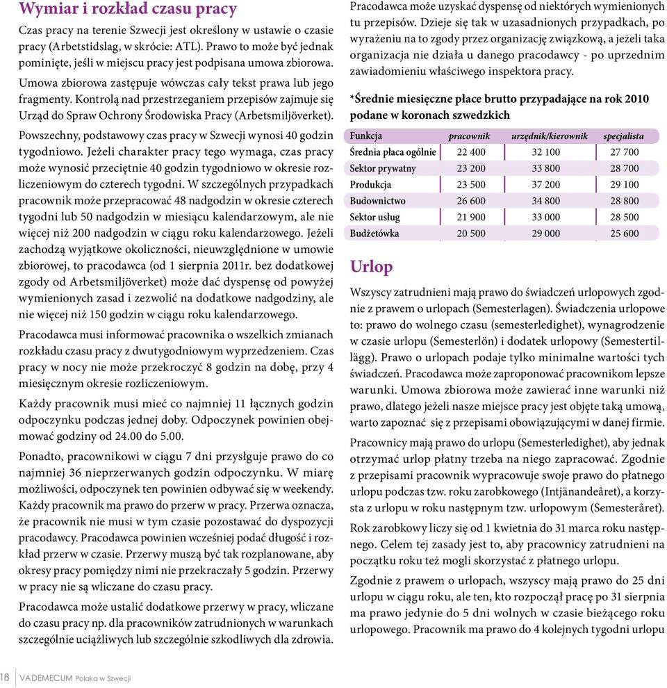 Kontrolą nad przestrzeganiem przepisów zajmuje się Urząd do Spraw Ochrony Środowiska Pracy (Arbetsmiljöverket). Powszechny, podstawowy czas pracy w Szwecji wynosi 40 godzin tygodniowo.