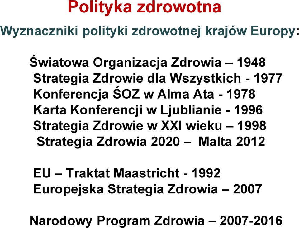 Konferencji w Ljublianie - 1996 Strategia Zdrowie w XXI wieku 1998 Strategia Zdrowia 2020