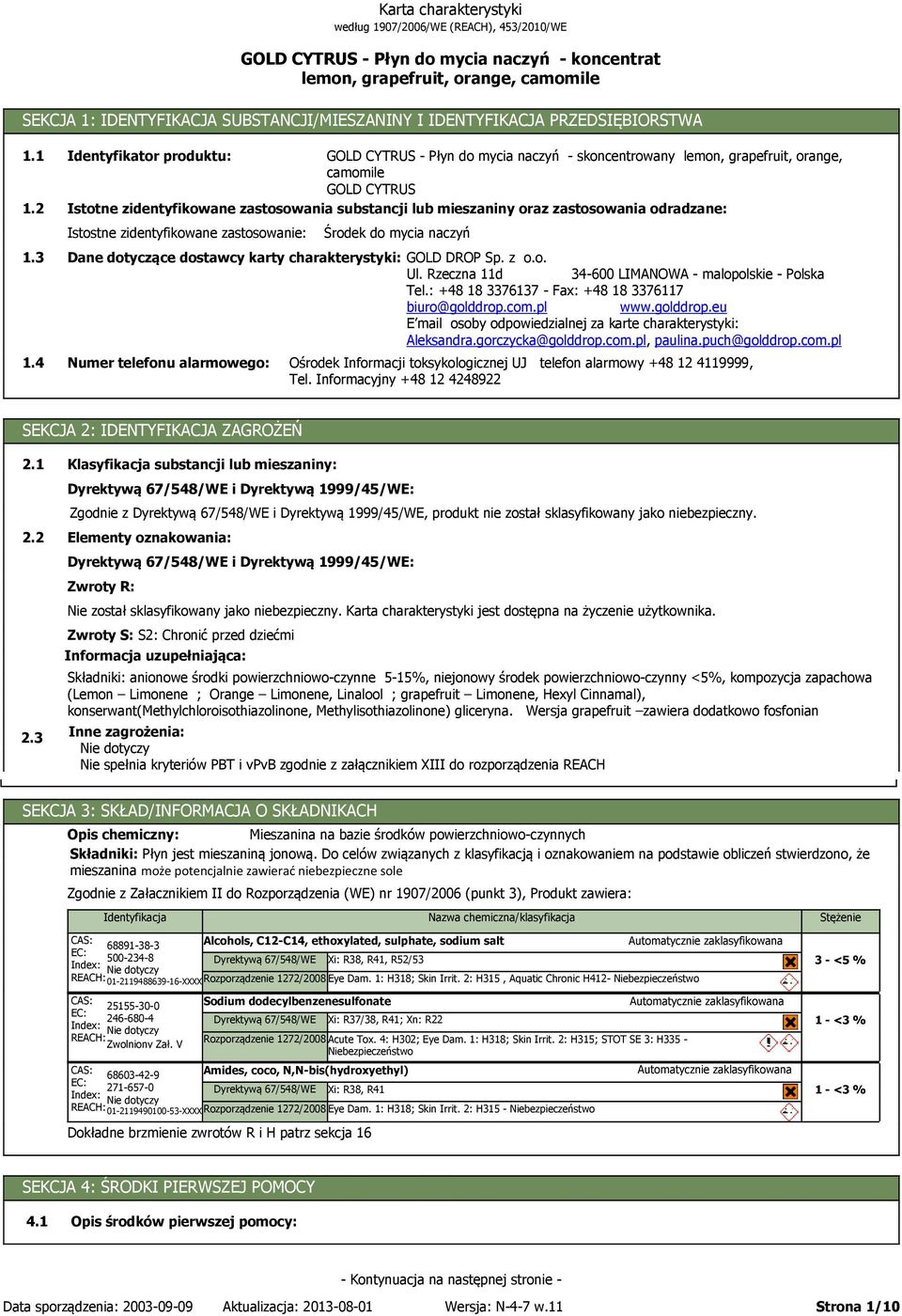 zastosowania odradzane: Istostne zidentyfikowane zastosowanie: Dane dotyczące dostawcy karty charakterystyki: GOLD DROP Sp. z o.o. Ul. Rzeczna 11d 34-600 LIMANOWA - malopolskie - Polska Tel.