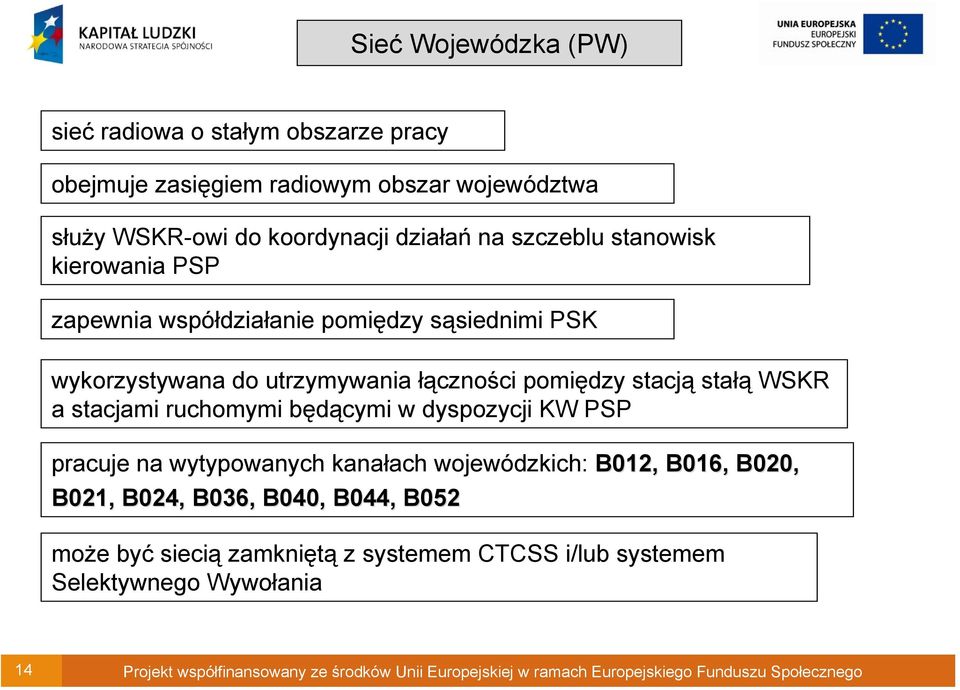 ruchomymi będącymi w dyspozycji KW PSP pracuje na wytypowanych kanałach wojewódzkich: B012, B016, B020, B021, B024, B036, B040, B044, B052 może być siecią