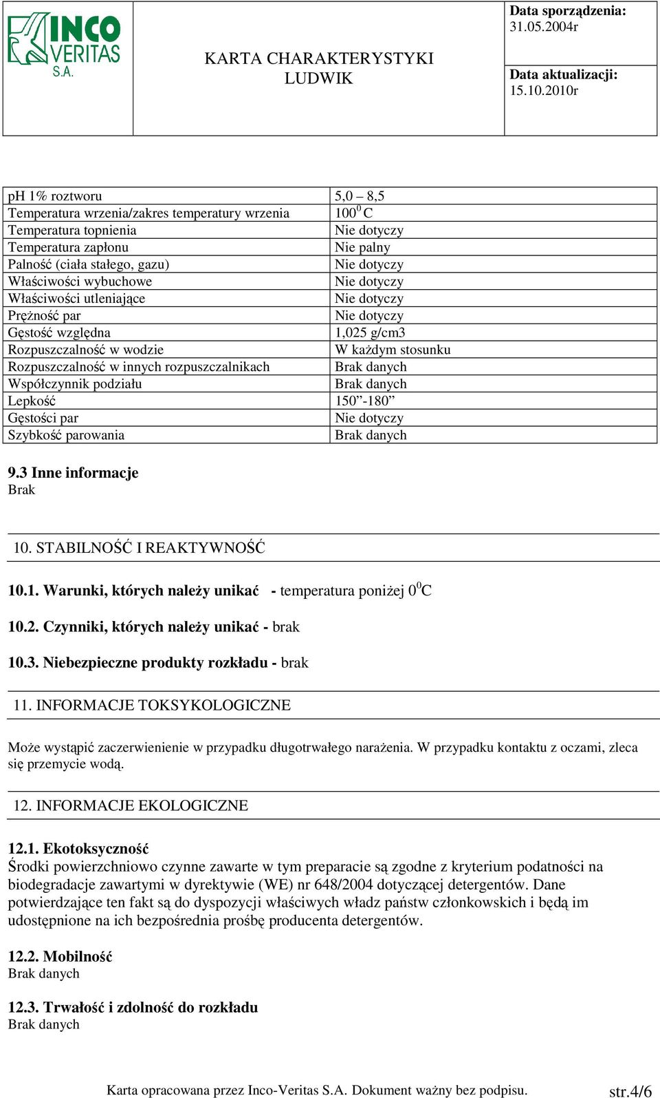 parowania 9.3 Inne informacje Brak 10. STABILNOŚĆ I REAKTYWNOŚĆ 10.1. Warunki, których naleŝy unikać - temperatura poniŝej 0 0 C 10.2. Czynniki, których naleŝy unikać - brak 10.3. Niebezpieczne produkty rozkładu - brak 11.