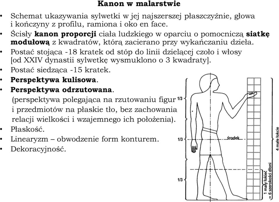 Postać stojąca -18 kratek od stóp do linii dzielącej czoło i włosy [od XXIV dynastii sylwetkę wysmuklono o 3 kwadraty]. Postać siedząca -15 kratek.