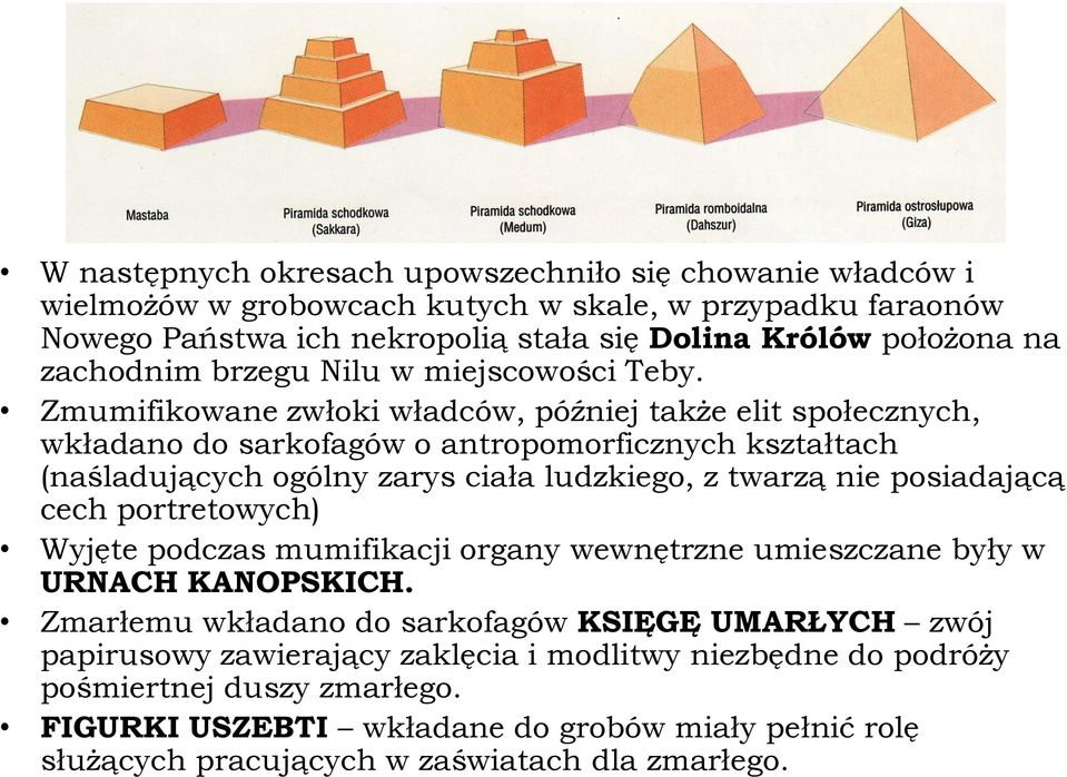 Zmumifikowane zwłoki władców, później także elit społecznych, wkładano do sarkofagów o antropomorficznych kształtach (naśladujących ogólny zarys ciała ludzkiego, z twarzą nie posiadającą