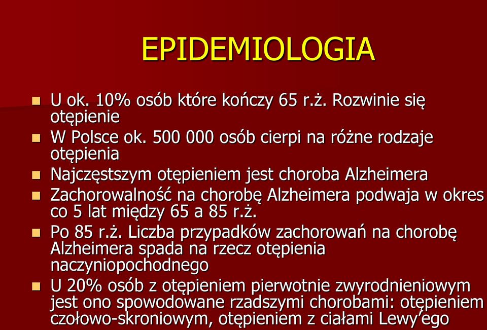 Alzheimera podwaja w okres co 5 lat między 65 a 85 r.ż.