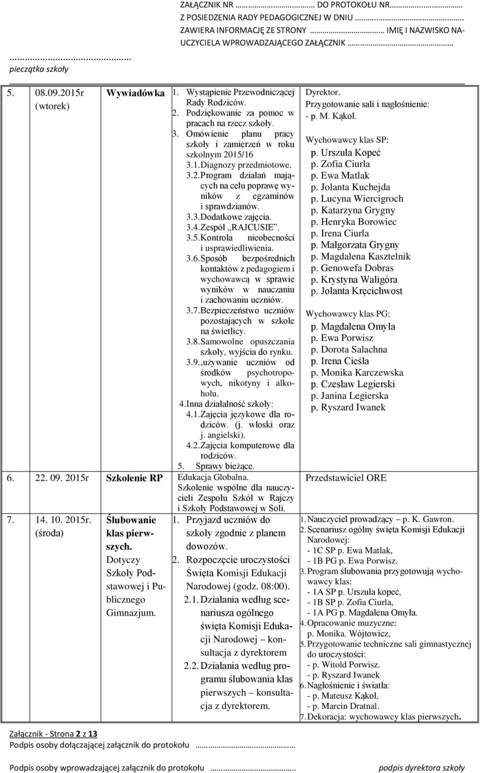 3.4. Zespół RAJCUSIE. 3.5. Kontrola nieobecności i usprawiedliwienia. 3.6. Sposób bezpośrednich kontaktów z pedagogiem i wychowawcą w sprawie wyników w nauczaniu i zachowaniu uczniów. 3.7.